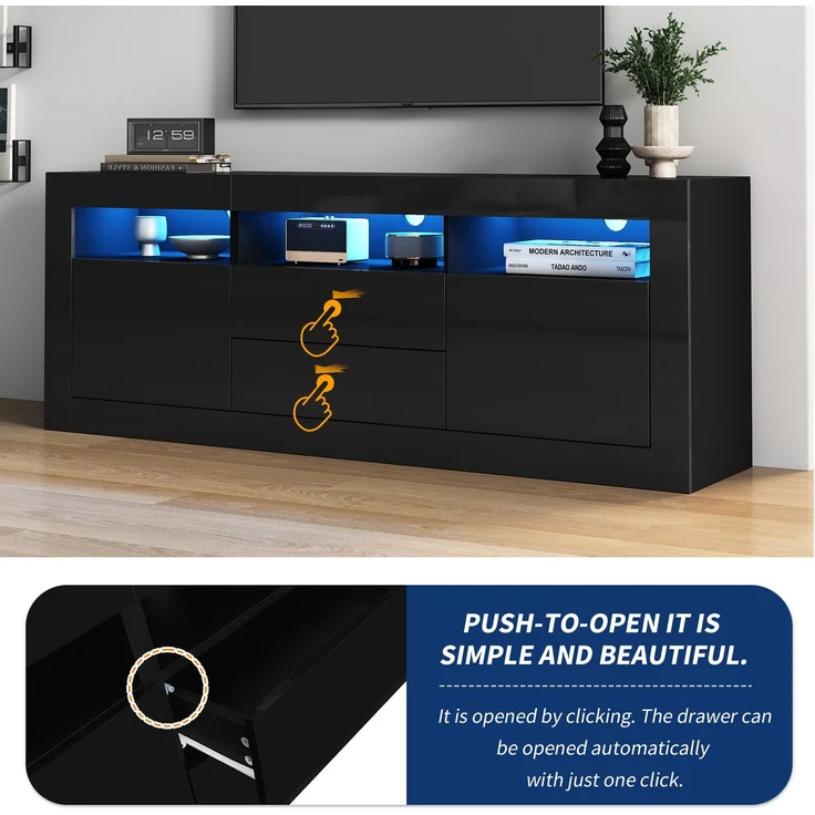 Merax 160*35*60cm Hochglanz-TV-Schrank mit LED-Beleuchtung, 3 offenen Fächern, 2 Türen, 2 Schubladen, Smart App Steuerung, für 70-Zoll-Fernseher, Hochglanz-TV-Ständer, Schwarz – Bild 8
