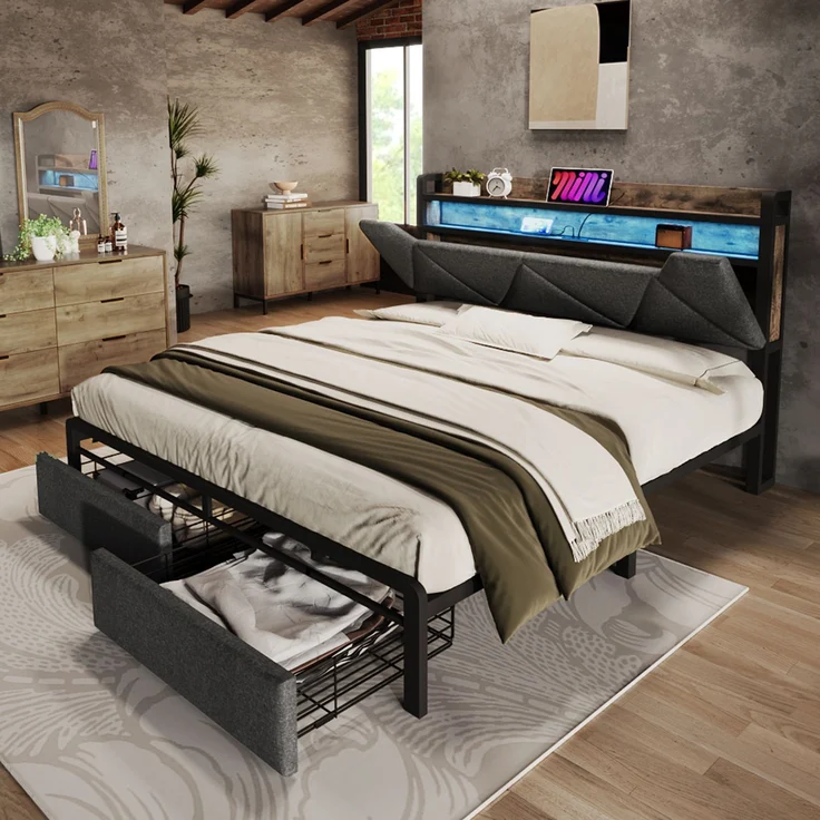 Bettgestell 160x200 cm mit LED-Kopfteil,Stauraum-Kopfteil & 2 Schubladen,Leinen Grau,USB & Typ-C Ladeanschlüsse – Bild 4
