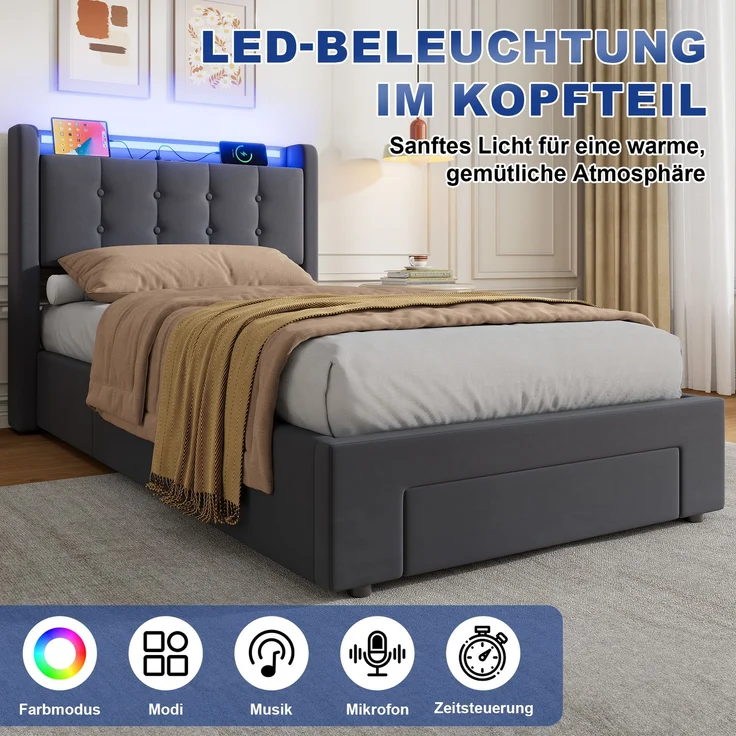 Polster-Jugendbett aus Samt mit LED, USB, hydraulischem Stauraum & Schubladen, ohne Matratze, 90x200 cm, Grau – Bild 5