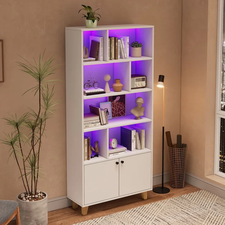 Flieks Bücherregal mit LED 80×30×173 cm, Standregal weiß, Regal mit Türen & offenen Fächern, Massivholzbeine, Fernbedienung