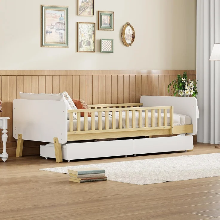Ball & Cast Kinderbett (90x190cm) mit 2 Schubladen und Rausfallschutz, Juniorbett aus Massivholz mit Lattenrost, Einfach & Zeitsparend Montierbar, Weiß – Bild 3