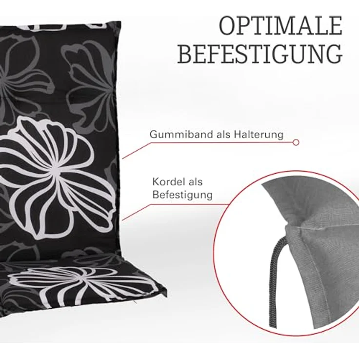 Beo Gartenstuhlauflagen Hochlehner 2er Set Barcelona | Made in EU nach Öko-Tex Standard | Hochlehner Auflagen waschbar | Atmungsaktive Stuhlauflagen Hochlehner mit Blumen in Grau-Schwarz-Weiß – Bild 5
