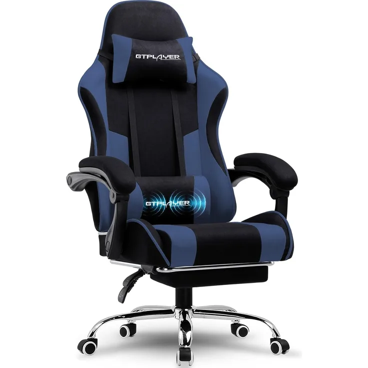 GTPLAYER Gaming Stuhl, Bürostuhl, Ergonomischer Pc Stuhl, Gaming Sessel mit Massagelendenwirbelstütze, Task Stühle mit Fußstütze und Kopfstütze, Blau Stoff