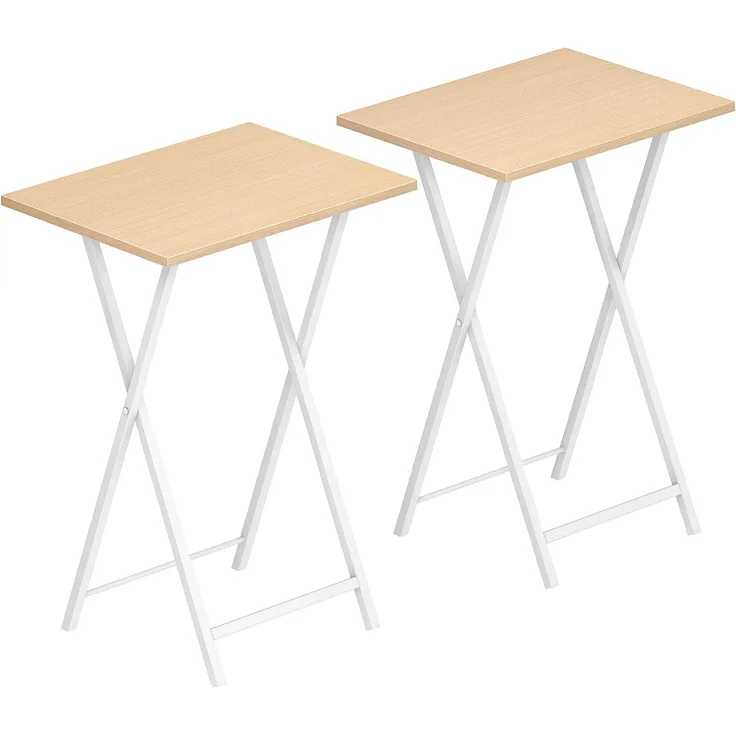 HOOBRO Beistelltisch Klappbar, Kleiner tabletttisch, TV Tray 2er Set, klapptisch Snack Tisch Industriestil, Sofatisch für kleinen Raum, einfach montierbar, Weiß und Natürliche Holzfarbe EWN25BZ01