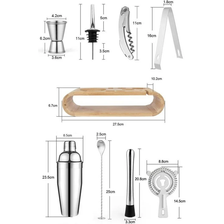 Rhein Beleuchtung Cocktail-Set Cocktail-Shaker Cocktail-Set mit Bambus-Ständer (10-teilig), (Set, 10-tlg, coktailshakerset, cocktail zubehör, bar zubehör), Langlebig, rostbeständig und leicht zu reinigen – Bild 3