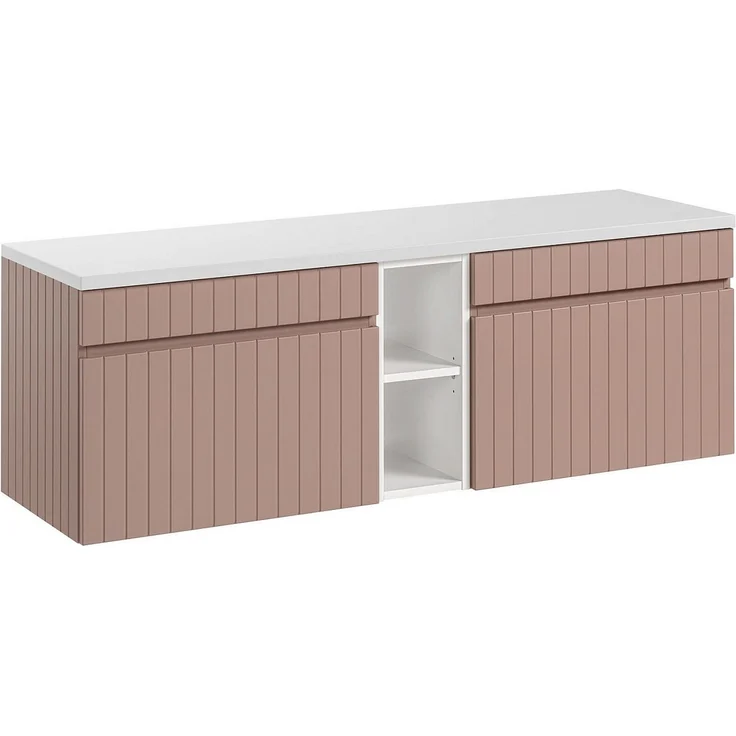 Vente-unique - Hängender Waschtischunterschrank gerillt mit Fächern – Rosa – B140 cm – SATARA – Bild 5