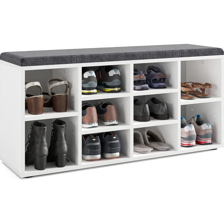 KOMTO Schuhbank mit Sitzfläche - Schuhregal Weiß 104 x 50 x 30 cm Schuhschrank mit Sitzbank Flur Bank mit Stauraum Garderobenbank Sofia