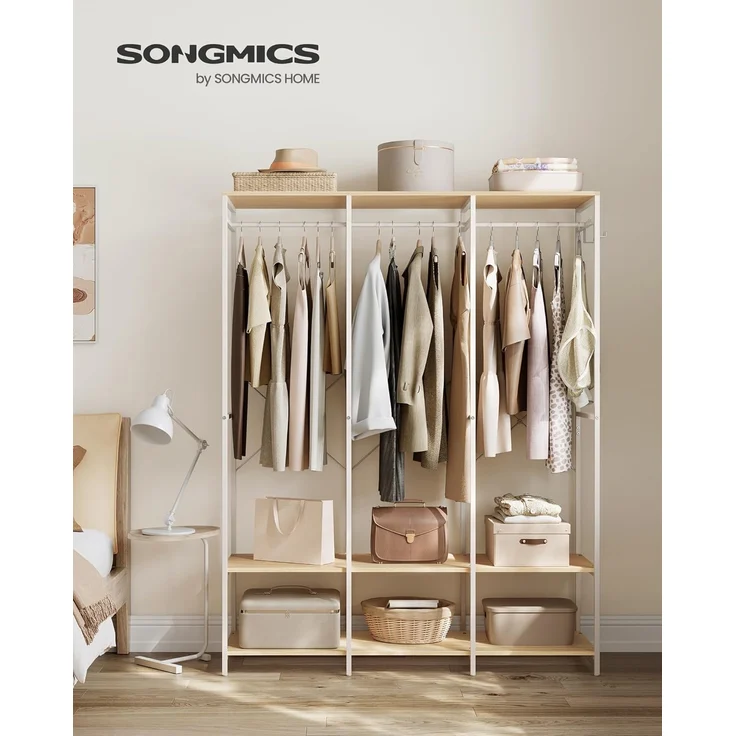 SONGMICS Kleiderschrank offen, Kleiderständer, Garderobenständer, Garderobe mit Kleiderstange, Ablagen, abnehmbare Haken, 40 x 141 x 180 cm, naturbeige RGR005W67 – Bild 2