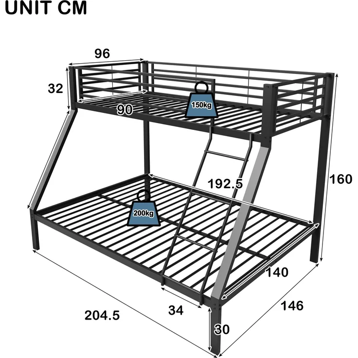 Etagenbett 90/140x200 cm aus Metall in Schwarz mit flexibel montierbarer Leiter – Ohne Matratze – Bild 5