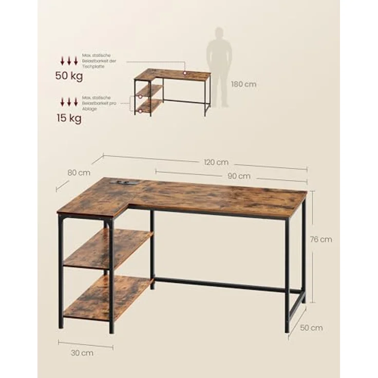 VASAGLE Eckschreibtisch in L-Form, Computertisch mit Stauraum, Bürotisch, höhenverstellbare Ablage, für Homeoffice, mit 2 AC-Steckdosen und 2 USB-Anschlüssen, 120x80 cm, vintagebraun LWD132KD01 – Bild 4