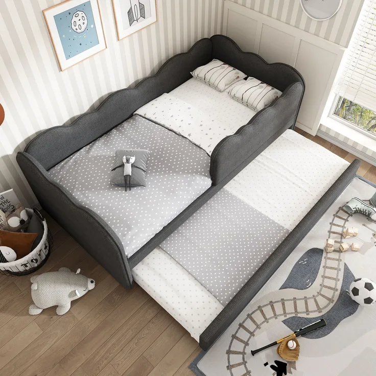 Daybett Schlafsofa mit Ausziehbett 90x190 cm, ohne Matratze, Leinen Grau, 99x197x70 cm