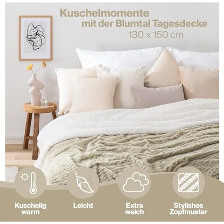 Blumtal Kuscheldecke Sand, Rechteckig 130x150 cm, Oeko-Tex® Standard 100, Flauschige Zopfstrick-Optik mit Sherpa-Innenseite – Bild 3