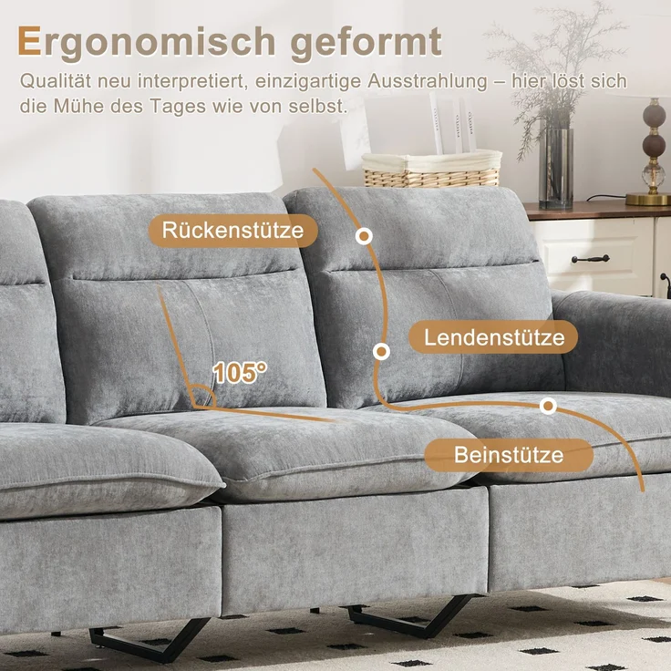 EINHOM Dreisitzige Sofagarnitur im nordischen Stil mit Aufbewahrungshocker, L-förmiges Stoffsofa mit Seitentaschen und Tischbeinen aus Holz, ideal für Wohnzimmer und kleine Räume (Grauer Chenille) – Bild 4