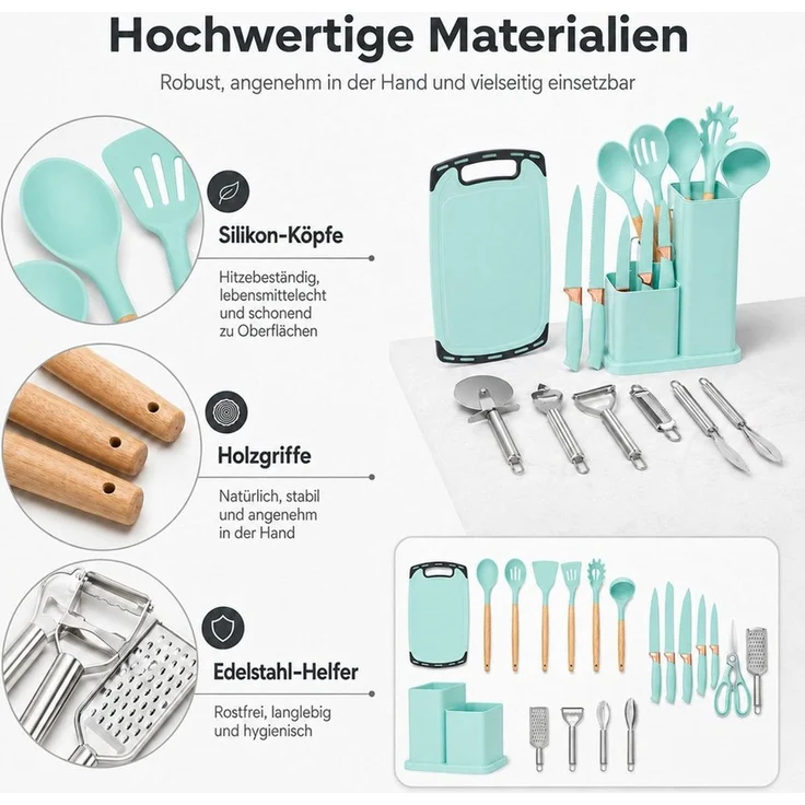 Diyarts Kochbesteck-Set (für beschichtete Pfannen, inklusive Kochmesser, Beige 23-teilig, Grün, Weiß und Schwarz je 20-teilig), Schonende Silikon-Küchenhelfer mit Holzgriffen & Messer im Set – Bild 4