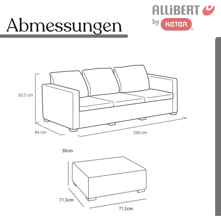 Keter 'Allibert Salta' Gartenlounge, 3-Sitzer, Hocker & Tisch, mit Kissen, Rattanoptik Anthrazit / Sand – Bild 5