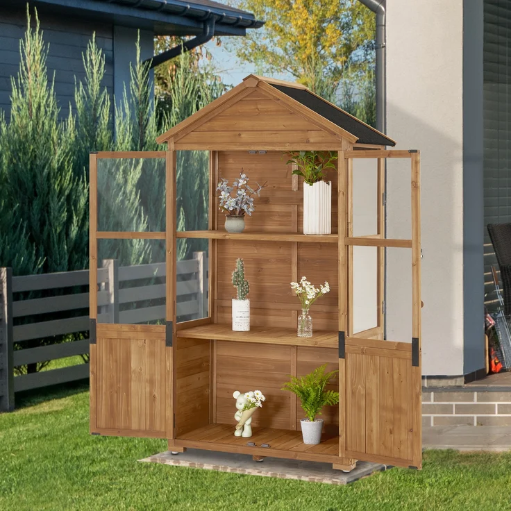 M MCombo Gartenschrank Holz Klein, Outdoor Gartenhaus Gerätehaus Wetterfest, Gewächshaus für Balkon & Terrasse, 0111 (Natur) – Bild 2