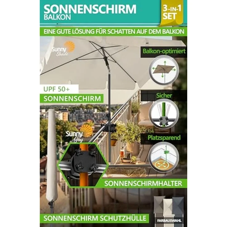 4smile Sonnenschirm Balkon SunnyShade, 200x125 cm, Beige - UPF 50+ Sonnenschirm rechteckig als Sonnenschutz Balkon - SunnyGuy Balkon-Schirm mit Sonnenschirmhalter + Sonnenschirmhülle – Bild 2
