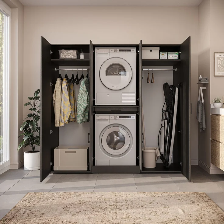 Roomart Waschmaschinenschrank - DORA-I- 190 cm breit - Wasch- & Trocknerschrank mit 2 Hochschränken, Türen & Ausziehbrett, Waschmaschinen-Überbau für Waschküche & Hauswirtschaftsraum • Schwarz-Eiche – Bild 4