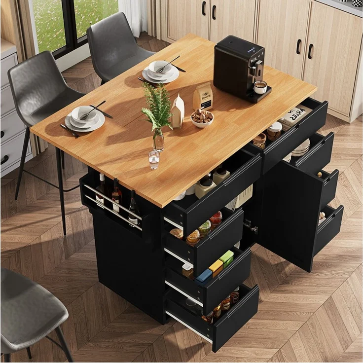 Flieks Küchenwagen mit erweiterbare Arbeitsplatte, Rollen und Gewürzregal, (1 St), Servierwagen mit 8 Schubladen Kücheninsel Buffetschrank Schwarz – Bild 2