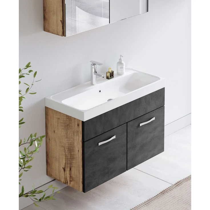 Badplaats Badmöbel Komplettset Paso 02 80 x 40 cm Kastanien Eiche mit Dunkel Grau - Badezimmermöbel mit Waschbecken und Spiegelschrank – Bild 4
