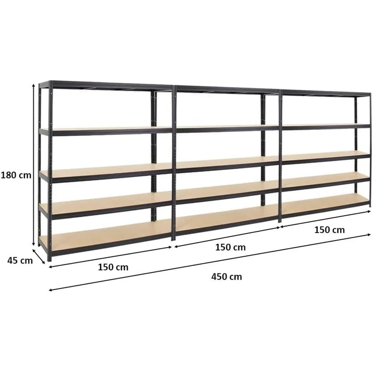 PROREGAL Mega Deal 3er-Set Schwerlastregale Giant Elephant 180 x 150 x 45 cm mit 5 Ebenen Fachlast 200kg Schwarz, Kellerregal, Steckregal, Garagenregal, Lagerregal – Bild 2