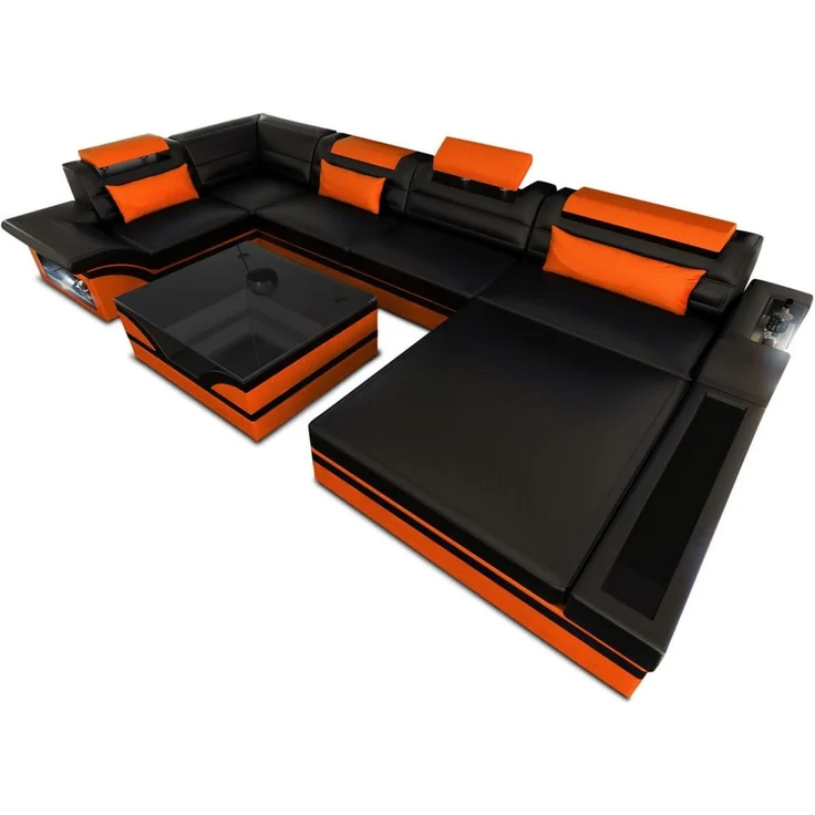 Luxus Wohnlandschaft Mezzo mit LED - Echtleder - schwarz-orange - Rechts – Bild 1