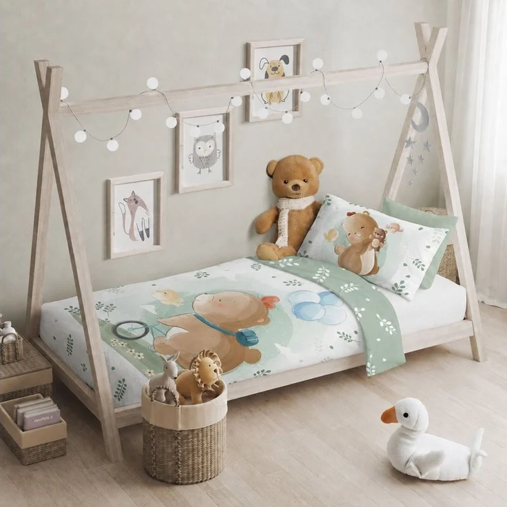 texpot Bettwäsche Kinderbettwäsche Teddybär mit Fahrrad bedruckt Garnitur, Baumwolle, 2 teilig – Bild 1