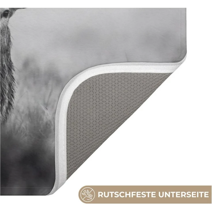OnlyWow Badematte Hirsch - Neblig - Schwarz - Weiß, Höhe 10 mm, Polyester, Rechteckig, Badezimmerteppich, Badteppich, Rutschfest, Badvorleger, Waschbar – Bild 3