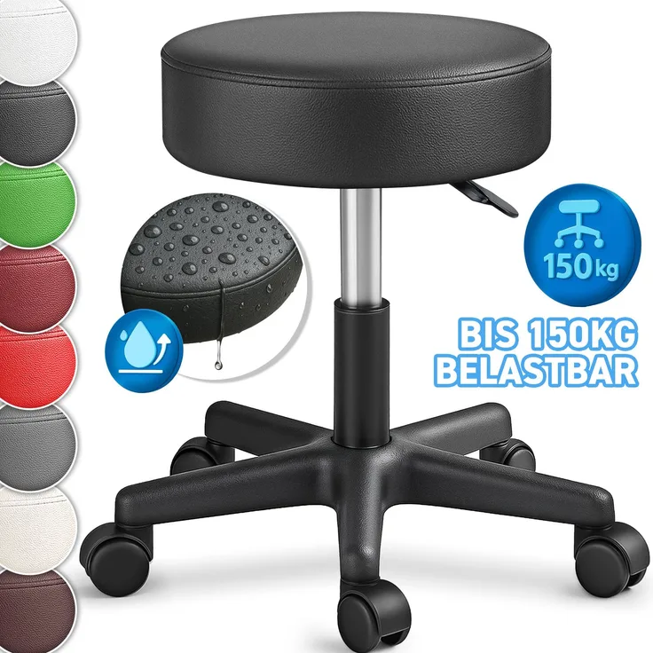 TRESKO Rollhocker höhenverstellbar Schwarz | Drehhocker 10 cm Dicke Polsterung | Arbeitshocker 360° drehbar | Hocker