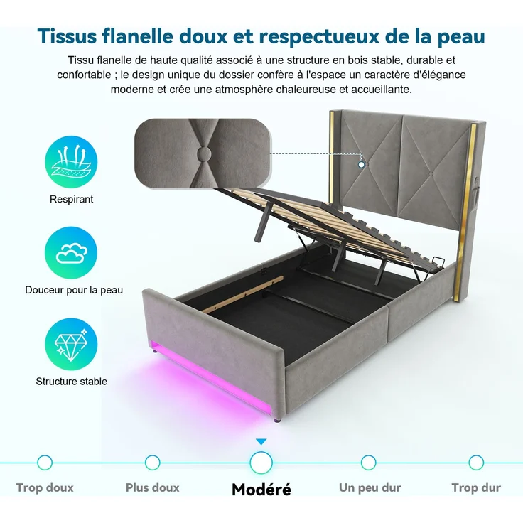 TavilaEcon Boxspringbett Veloursbett mit hohem Kopfteil, Seitentaschen & USB grau Liegefläche 90 × 200 cm – Bild 5