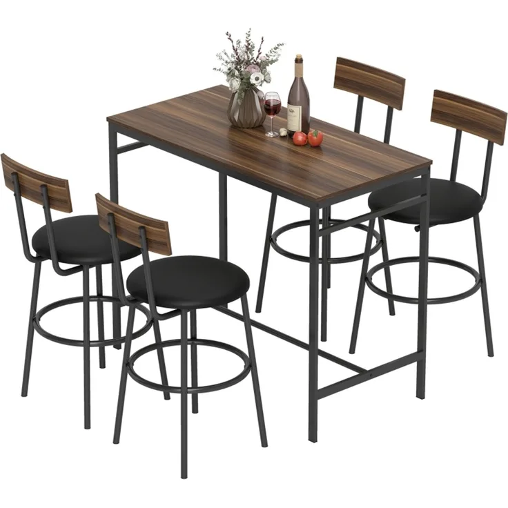 5-teiliges Bartisch-Set mit 4 Stühlen, Industrielles Design, für Küche, Esszimmer, Holz, Stahl, Braun--Braun--110x55x90cm--YOUDENOVA