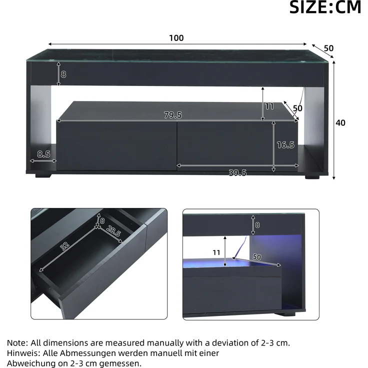 Couchtisch aus Spanplatte mit 16-farbiger LED-Beleuchtung, 2 Schubladen & gehärtetem Glas, 100x50x40 cm, Schwarz – Bild 10