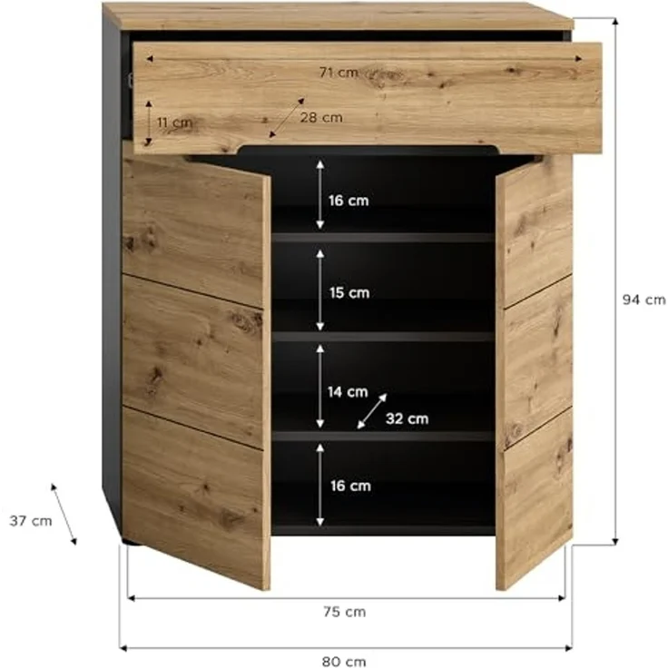 Lomadox Schuhkommode CORTONA-158, Schuhschrank Garderobenschrank Flurschrank modern in grau und Eiche – Bild 3