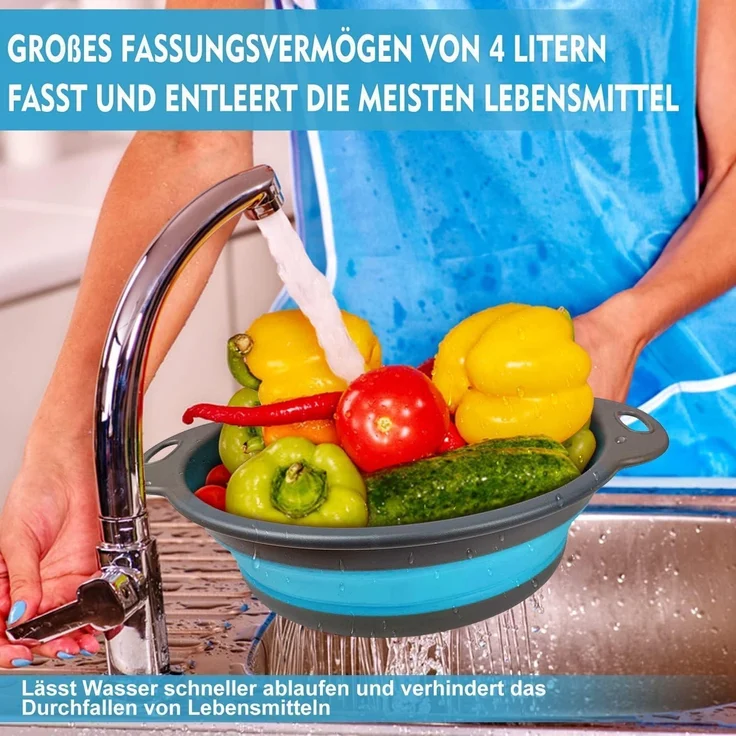 Faltbarer Seiher Sieb Küche Silikon Klappbar Abtropfsieb Nudelsieb Set Blau 3 – Bild 2