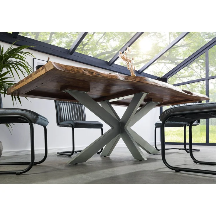 Baumtisch Sheesham 220 x 100 x 77 natur sandgestrahlt / Kreuzgestell silber matt FREEFORM 5 – Bild 3