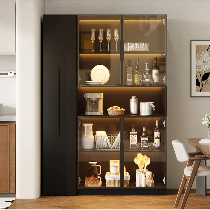 Vitrinenschrank mit Glasfront, LED-Beleuchtung & Ausziehregalen, 110x35x160 cm, Schwarz – Bild 2