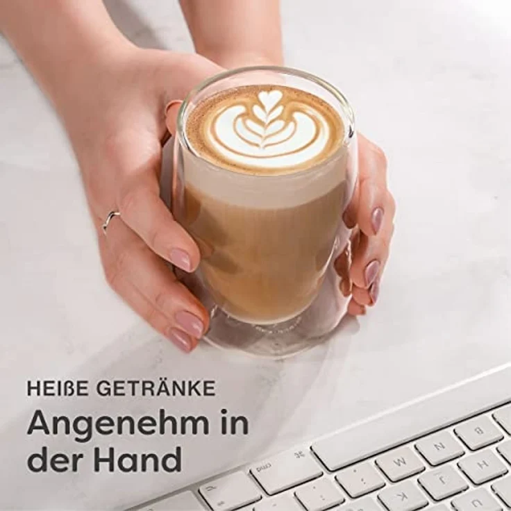 Cosumy Gläser-Set 4 doppelwandige Cappuccino Thermogläser 250ml - Halt die Temperatur, 4-tlg, Glas, Cappuccino Thermogläser - für Heiß- und Kaltgetränke – Bild 2