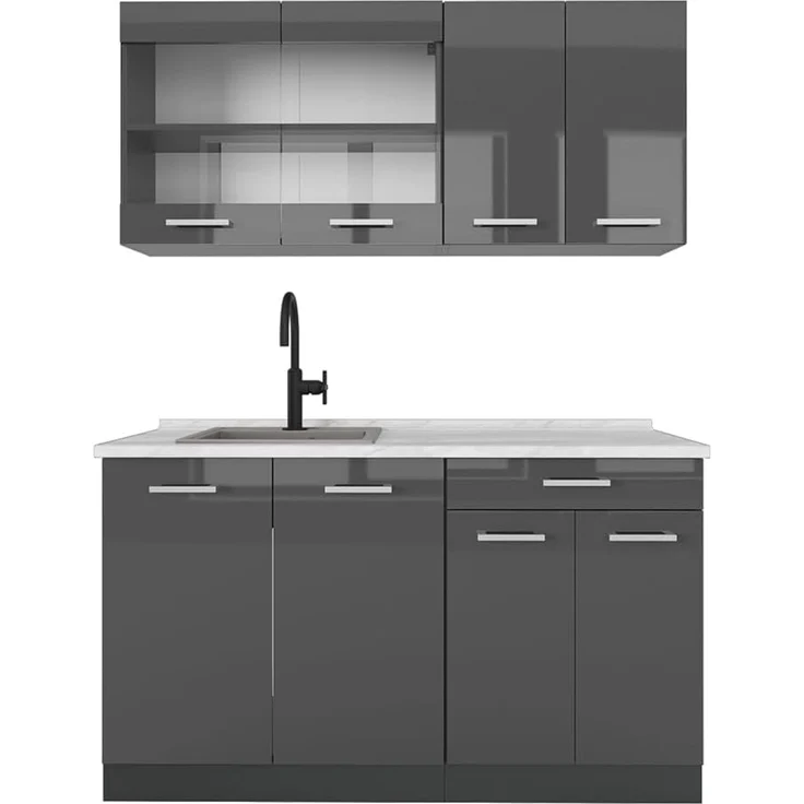 Singleküche R-Line Anthrazit Hochglanz/Anthrazit 140 cm , AP Marmor Vicco – Bild 1