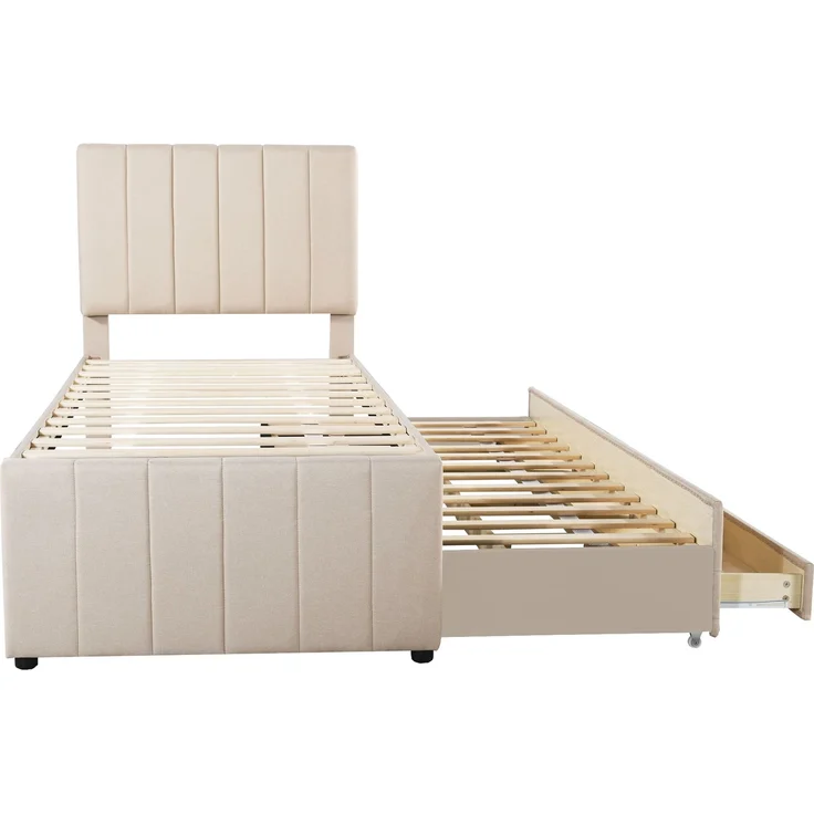 Polsterbett 90x200 cm mit Rollbett und Stauraumschubladen, hautfreundliche Leinenpolsterung, flaches Einzelbett, Kinderbett, Jugendbett, Gästebett (Beige) – Bild 10