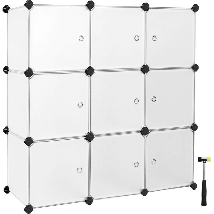 SONGMICS Regalsystem, Schuhregal, Set aus 9 Würfeln, Kleiderschrank aus Kunststoff, mit Türen, Steckregal, Aufbewahrung von Kleidung, Schuhen und Büchern, einfache Montage, weiß LPC116WS