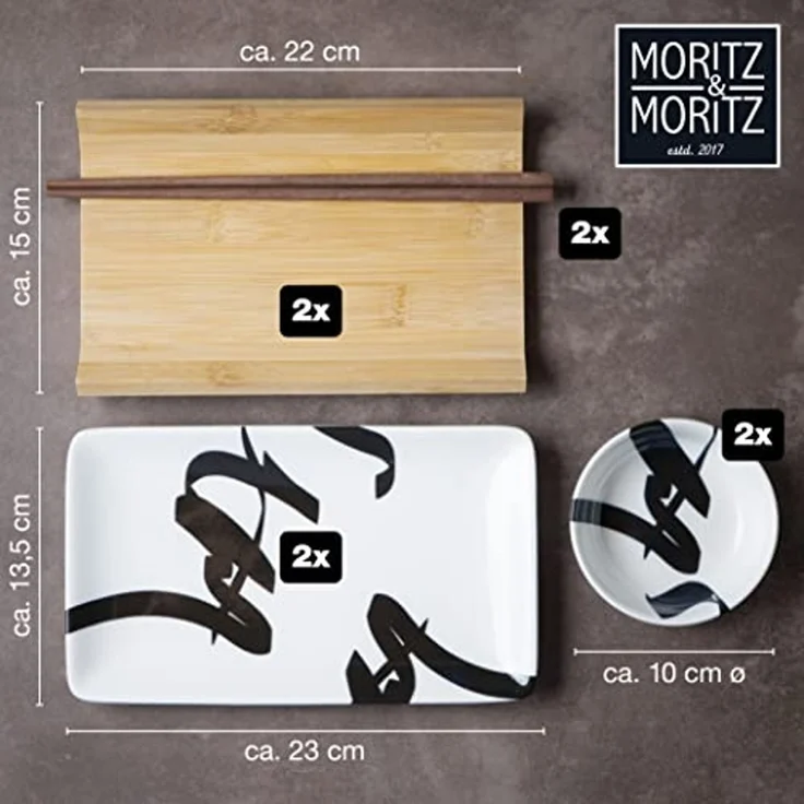 Moritz & Moritz Tafelservice Sushi Set 10tlg Pinselschrift Schwarz (8-tlg), 2 Personen, Porzellan, Geschirrset für 2 Personen – Bild 7