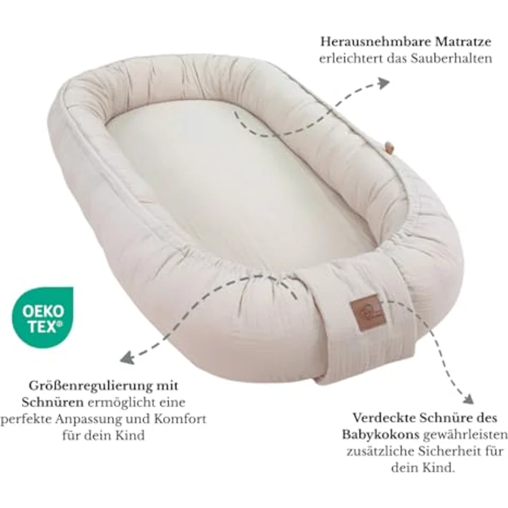 WIKLINOPOL Babynest, Nestchen für Neugeborene – Baby Nestchen 80x46 cm in Beige, Tragbares Nest aus Musselin - Baby Nest für Neugeborene mit herausnehmbarer Matratze – Bild 4