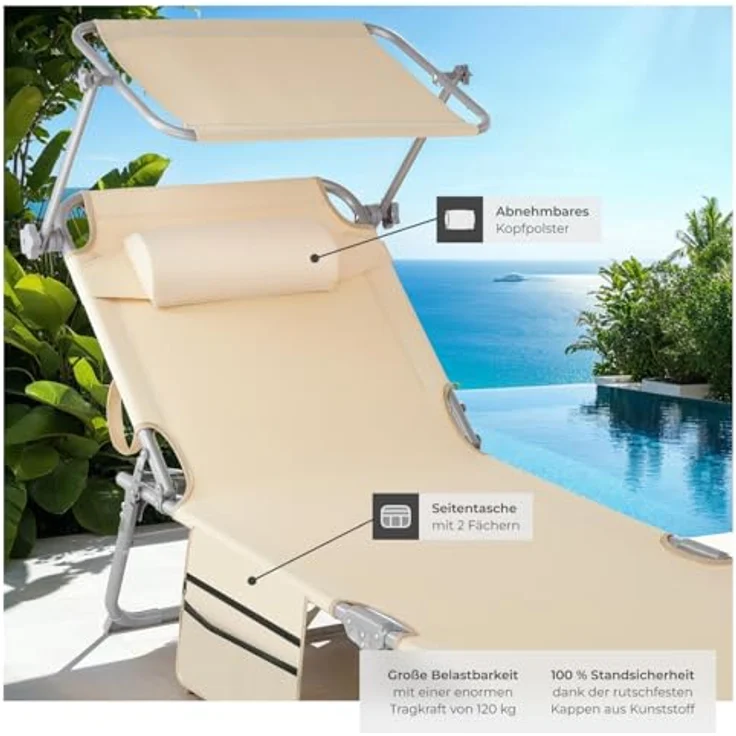 tectake® 2er Set Sonnenliege klappbar und tragbar, Liege mit Seitentasche, Strandliege, Gartenliege mit Dach, Liegestuhl mit Verstellbarer Rückenlehne, Kopfkissen - für Balkon, Terrasse (beige) – Bild 6