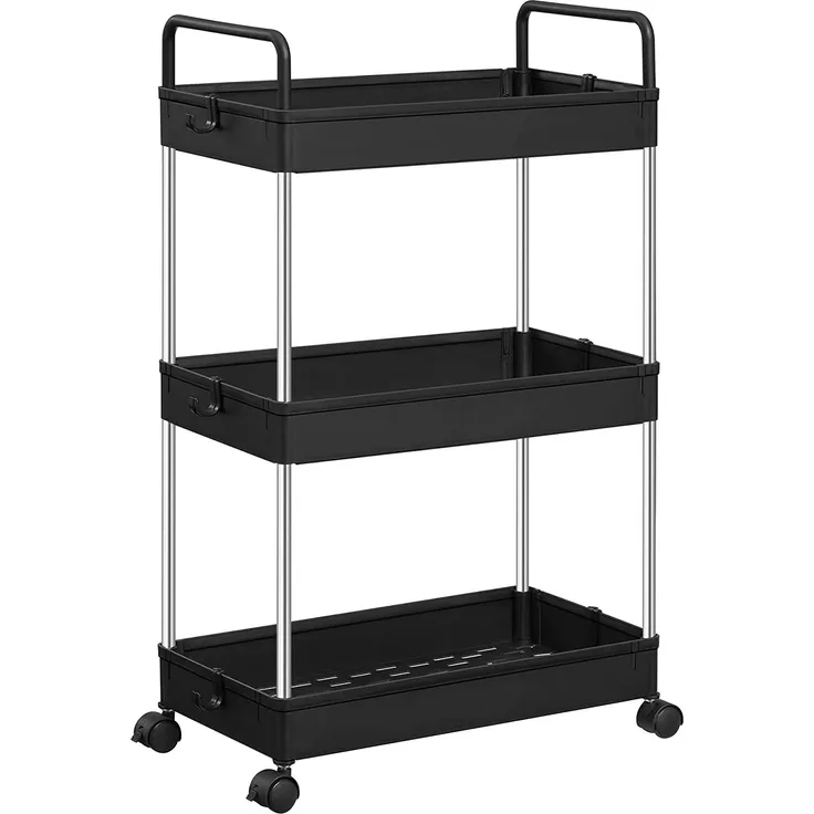 Songmics Rollwagen, Küchenwagen mit 3 Ebenen, Griffen, Küchenregal auf Rollen, 42 x 22,5 x 68 cm, schwarz KSC019B01