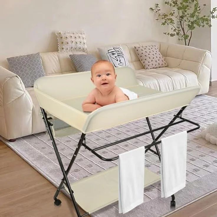 Wickelstation für Baby, Wickeltisch, faltbar, tragbar, Wickeltisch, faltbar, tragbar, mit Aufbewahrungskorb, maximale Belastung von 25 kg,80 x 66 x 98 cm (Beige) – Bild 7