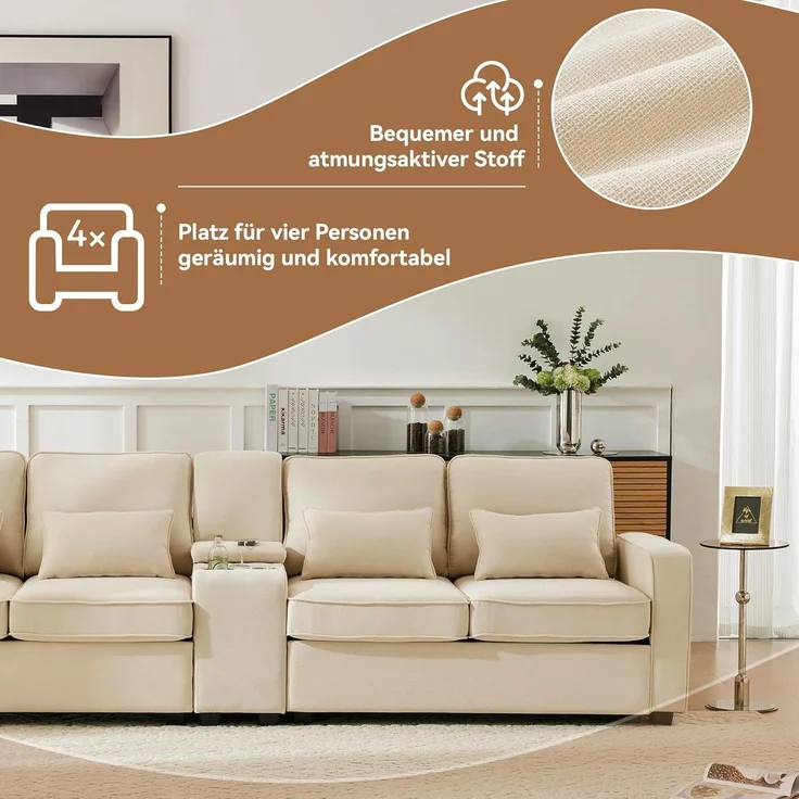 Ball & Cast Sofa mit 2 Getränkehaltern und 2 USB-Anschlüssen, Couch mit Schlaffunktion für Wohnzimmer, Wohnung, Büro, 290 x 83 cm, Beige – Bild 6
