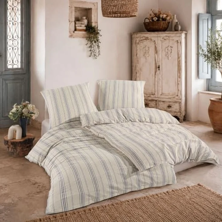 Leinen Bettwäsche Set 135x200 cm 2-teilig gestreift Beige Blau – Bild 2