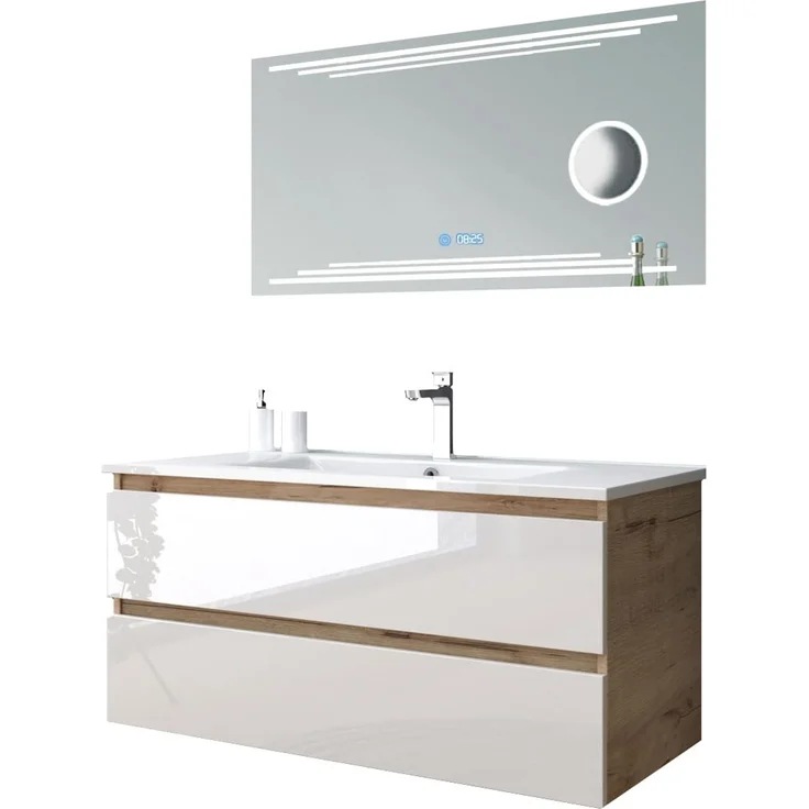 Homeline Badmöbel Set Eiche/Weiß Leonard Hochglanz/90cm Spiegel incl LED (90, 4, 0X Seitenschränke) – Bild 2