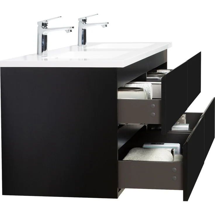 Badplaats Badmöbel Set mit Waschbecken und Unterschrank Angela 160 x 48 cm Schwarz Matt - Waschbeckenunterschrank mit Soft-Close und Doppelwaschbecken, Vorgemontiert – Bild 4