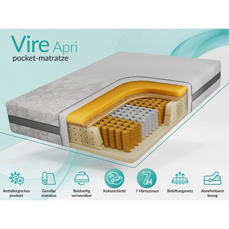 Wendbare Taschenfederkernmatratze H3/H4 – 7 Zonen, abnehmbarer waschbarer Bezug, für Allergiker geeignet, Pocket-Matratze - 120 x 200 cm - VIRE - APRI – Bild 2